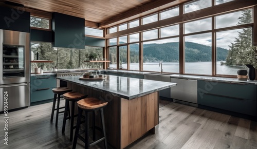 Interior Design of Kitchen with Large Windows Looking Out into a Lake