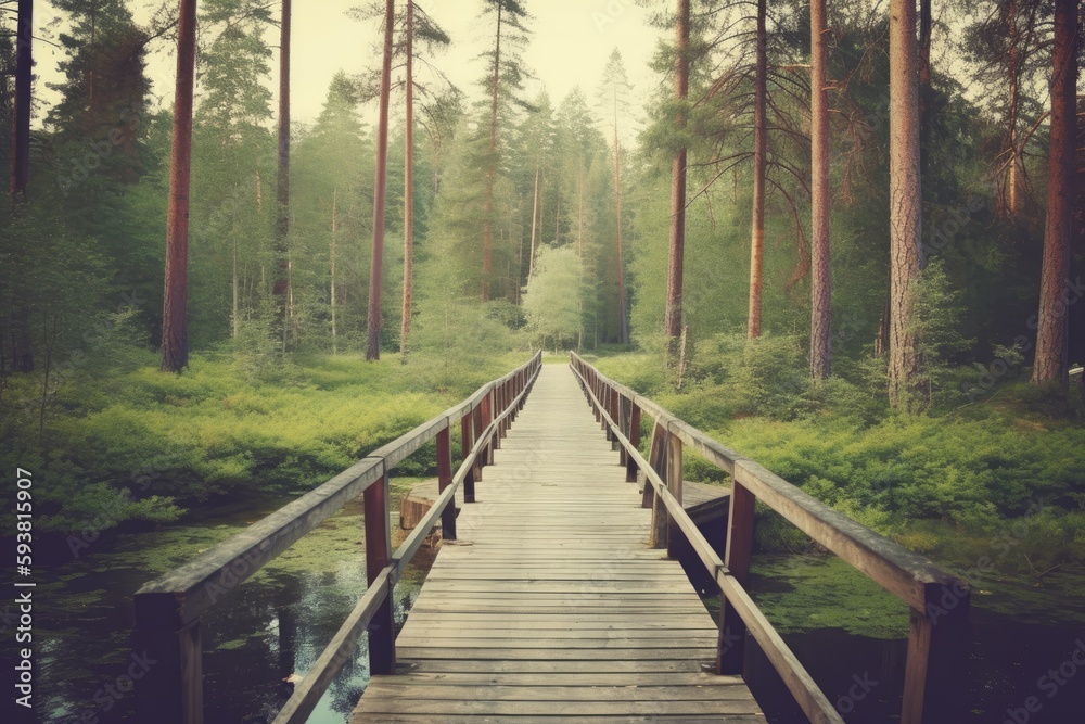 wooden bridge over a serene river in the midst of a lush forest. Generative AI wooden bridge over a serene river in the midst of a lush forest. Generative AI
