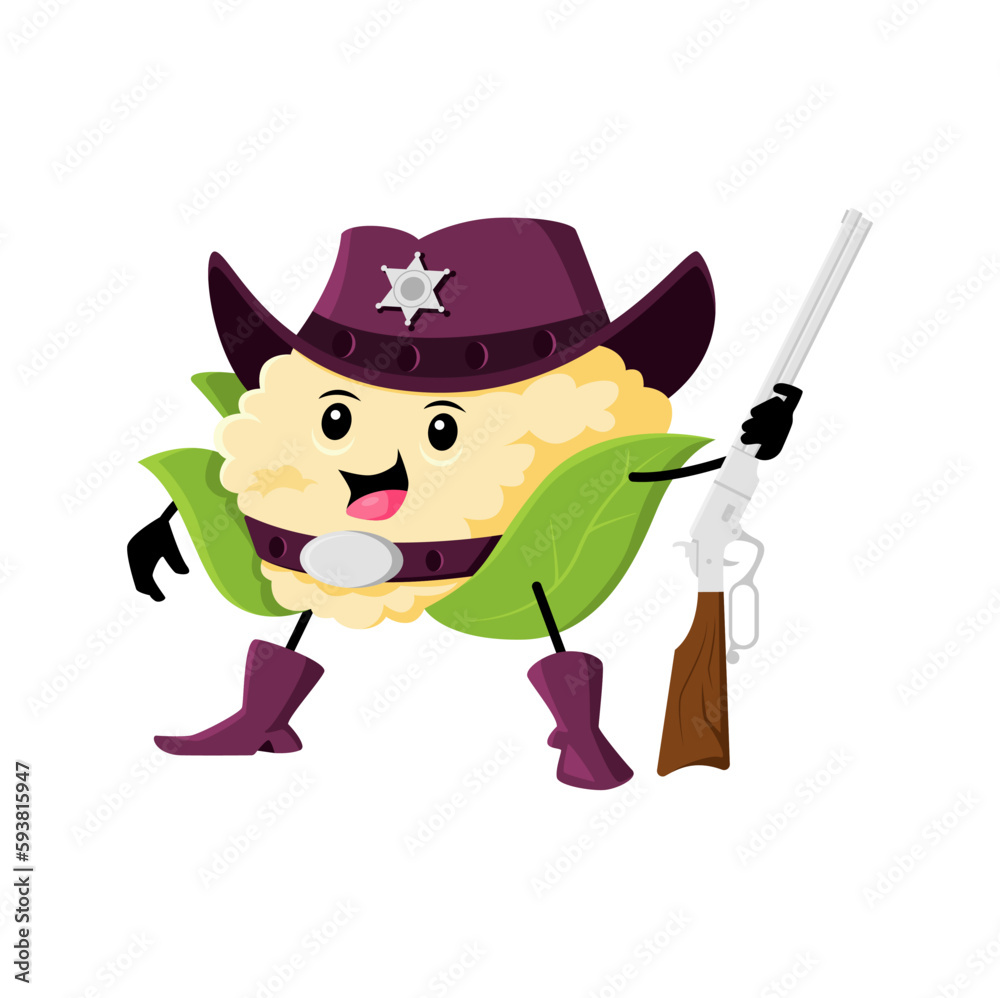 Cartoon cauliflower sheriff, cowboy, or ranger character. Funny vector vegetable western police officer with rifle gun. Veggies wear hat, gloves and boots, horseman personage on guard of the law