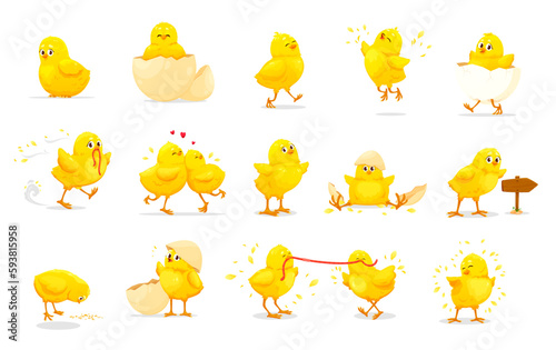 Cartoon chick characters of cute baby chickens. Little yellow farm bird vector personages with egg shells, worms and grains. Fluffy chicks hatching, sitting, running and eating, jumping and walking