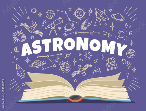 Astronomy textbook, symbols and icons on school board, vector education. Space planets, Moon and Sun star, telescope and orbit satellite sketch chalk signs and open book, universe galaxy solar system
