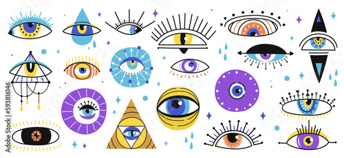 Magical witchcraft eyes, vector evil eyes of greek and turkish magic amulets. Mystic esoteric symbols of hamsa, nazar or fatima with eyeballs, teardrops, triangle and geometric pattern