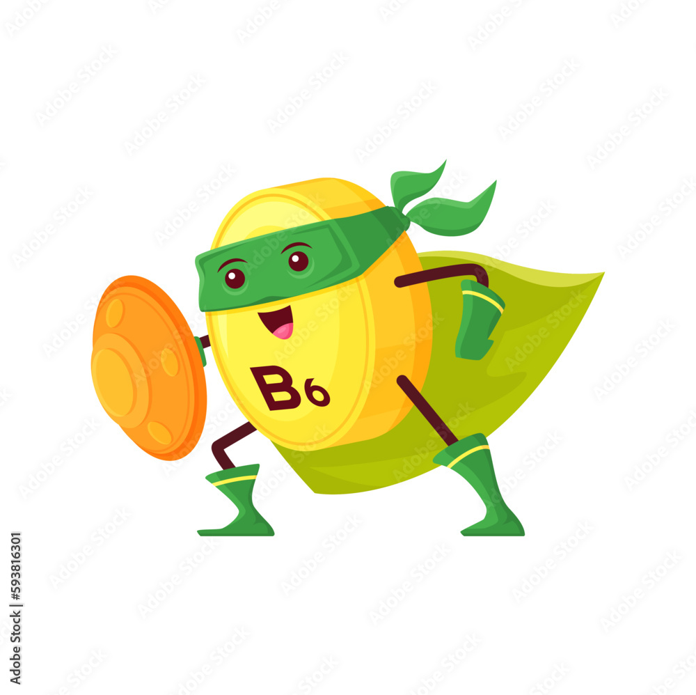 Cartoon B6 vitamin superhero character. Vector pyridoxine micronutrient defender with shield