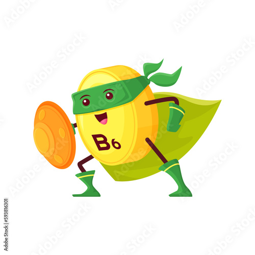 Cartoon B6 vitamin superhero character. Vector pyridoxine micronutrient defender with shield. Guard comics book personage wear cape and mask. Pill or capsule supplement, fantasy super hero bubble
