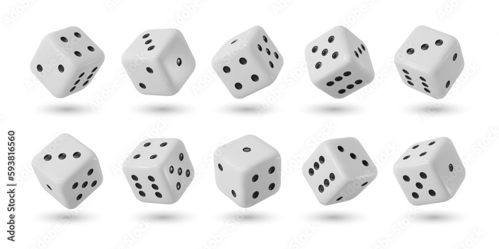 Realistic dices, 3d gamble game cubes. Isolated vector object for gambling and board games. White cubes with random numbers and black pips on facet, for casino, craps and poker, tabletop or boardgames
