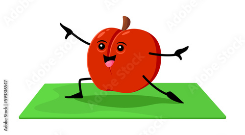 Cartoon red apple fruit character on yoga or pilates fitness sport. Vector funny fruit in yogi pose on mat. Comic cute personage at stretching class, maintain health care yoga practice and wellness