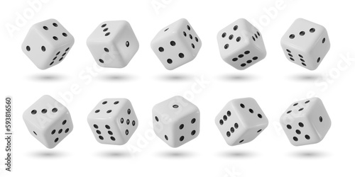 Realistic dices, 3d gamble game cubes. Isolated vector object for gambling and board games. White cubes with random numbers and black pips on facet, for casino, craps and poker, tabletop or boardgames
