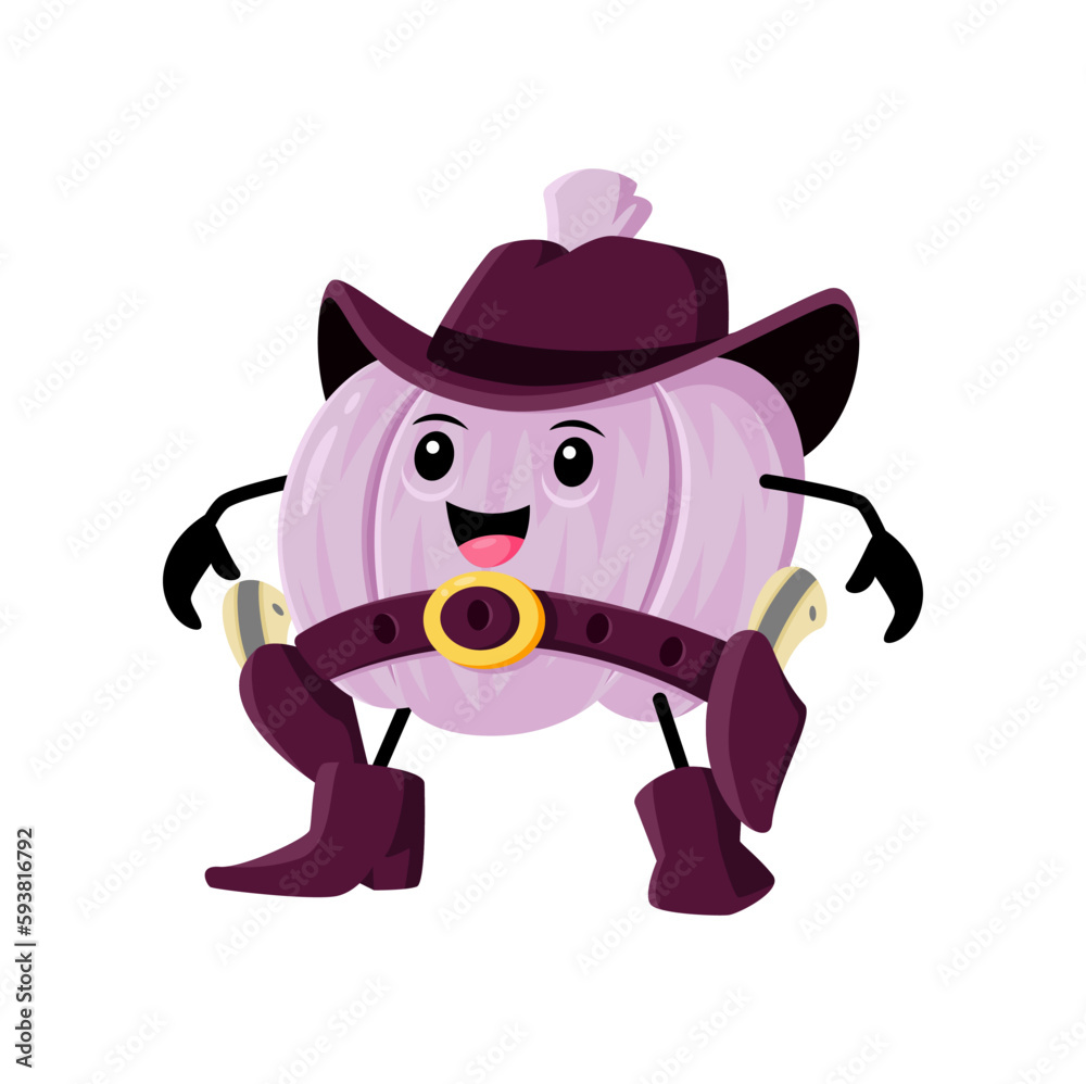Cartoon garlic vegetable cowboy and ranger, sheriff, robber and bandit character. Vector Wild west hero veggies wear hat, boot, belt with guns. Western plant personage, healthy food, brave condiment Cartoon garlic vegetable cowboy and ranger, sheriff, robber and bandit character. Vector Wild west hero veggies wear hat, boot, belt with guns. Western plant personage, healthy food, brave condiment