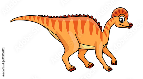 Cartoon corythosaurus dinosaur character. Isolated vector duck-billed herbivorous dino that lived in North America during the Cretaceous Period. Wildlife ancient animal with crest and long tail