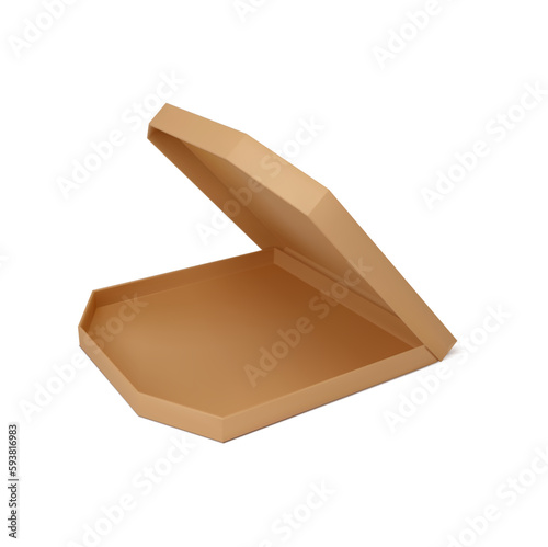 Open pizza box, fastfood delivery container mockup template. Vector square packaging box of plain cardboard, carton package for restaurant delivery