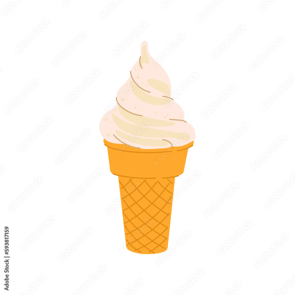 Cold ice sundae swirl in wafer cone, vanilla ice cream in waffle cone, fastfood takeaway snack. Vector cartoon creme brulee refreshing summer dessert.