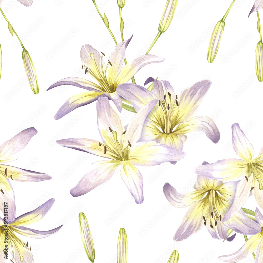 Seamless pattern of white lilies. Summer flowers. Hand drawn watercolor illustration for packaging design, wallpaper, textile.