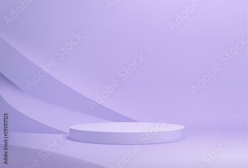 Purple round podium, product display and platform background, vector stage scene. Purple podium in studio, show pedestal in violet pastel with light, product display stand and wall backdrop