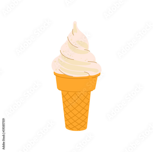 Cold ice sundae swirl in wafer cone, vanilla ice cream in waffle cone, fastfood takeaway snack. Vector cartoon creme brulee refreshing summer dessert.