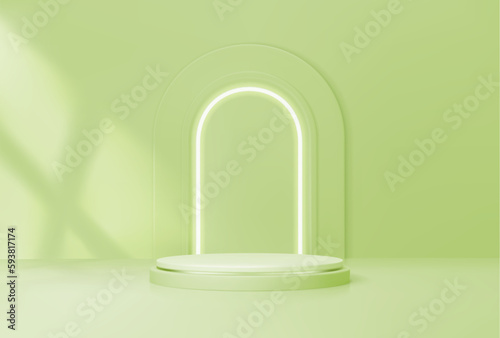 Pistachio podium with arch for product display background, vector round stand. Green podium base platform with arch light on wall, studio scene or showcase pedestal stage with window shadow