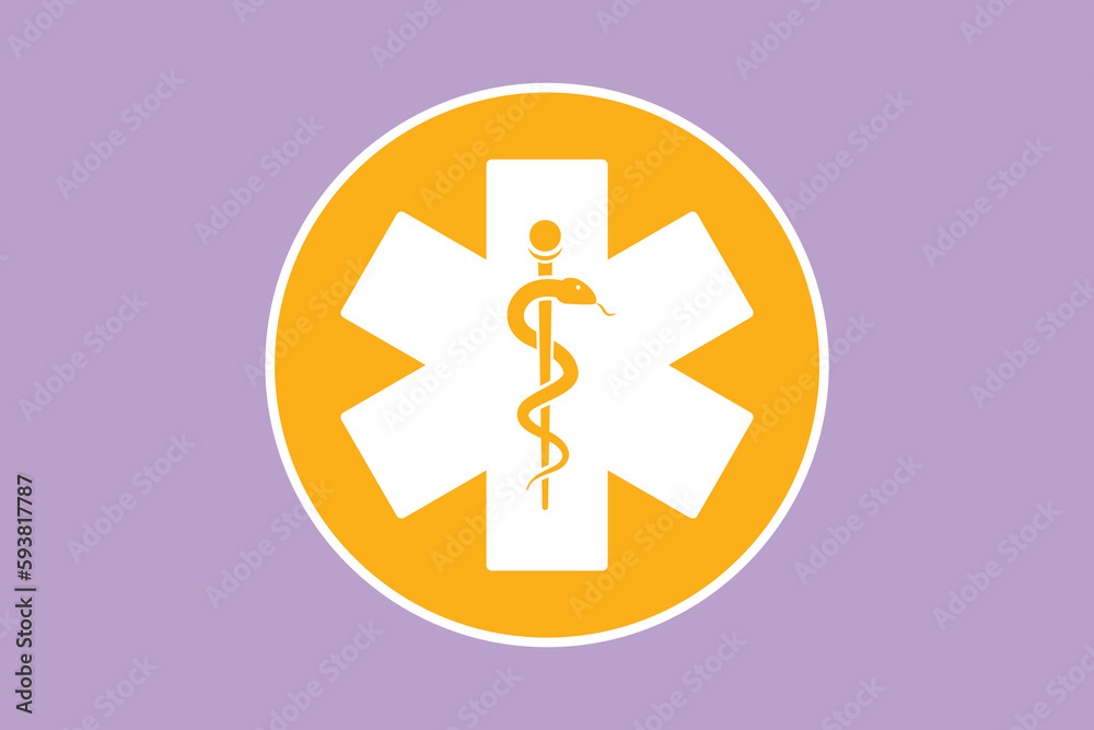 Graphic flat design drawing of medical snake health symbol, label, sticker. Medicine system and health care concept. Medical icon. Medicine logo for paramedic staff. Cartoon style vector illustration Graphic flat design drawing of medical snake health symbol, label, sticker. Medicine system and health care concept. Medical icon. Medicine logo for paramedic staff. Cartoon style vector illustration
