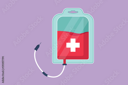 Graphic flat design drawing blood bag logo, label. IV bag in trendy flat style. Infuse icon. Blood bag for emergency rescue. Medicine, clinic and health care symbol. Cartoon style vector illustration