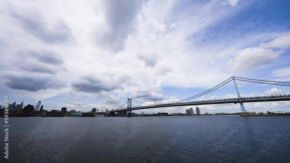 Philadelphia skyline over the calm Delaware River with the Benjamin Franklin Bridge on a cloudy warm day very wide and blue Philadelphia skyline over the calm Delaware River with the Benjamin Franklin Bridge on a cloudy warm day very wide and blue