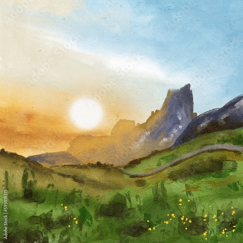 Hand drawn illustration of sun over mountains meadow peaks. Rocks green grass flowers blue sky clouds, evening sunset sunsire scenery scene, oil painting texture sketch style, alpine nature. photo