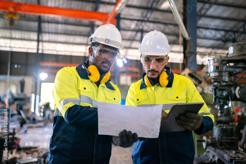 Production engineers in safety wear are assisting adjusting and maintaining CNC or factory machine, Male workers technician examining control the industrial tool, professional men at work in industry © chokniti