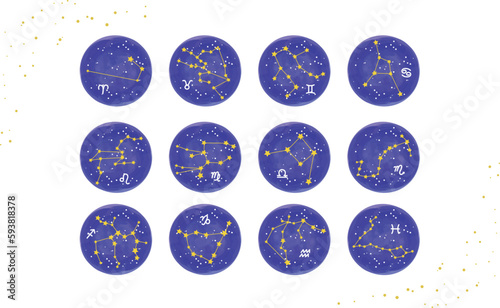 黄道12星座の星座線と手描きシンボルマークの描かれた星空のアイコンイラスト