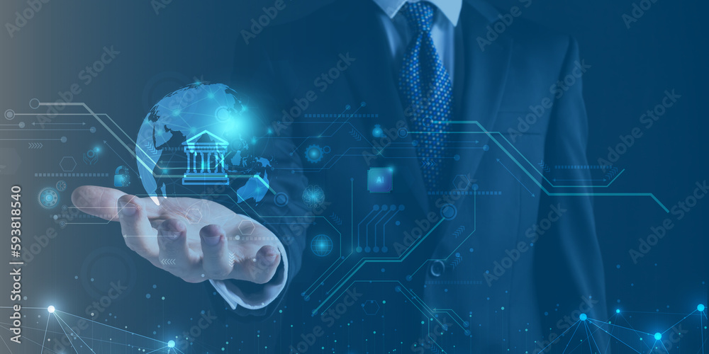 Digital banking, Businessman holding online banking and payments, Finance and banking network. AI, Fintech, Customer networking connection, Digital marketing. cyber security. Business technology.