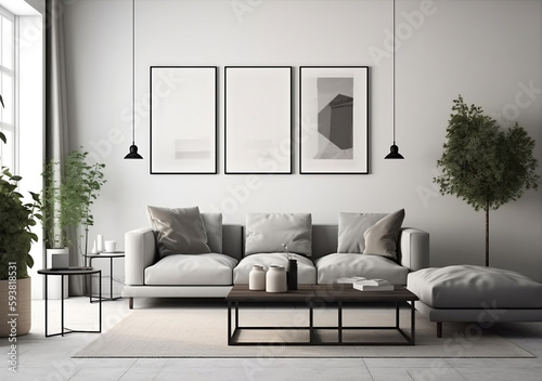 Mockup poster frame on the wall of living room. Scandinavian style. Modern interior design. 3D render, 3D illustration.
