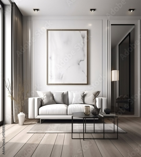 Mockup poster frame on the wall of living room. Scandinavian style. Modern interior design. 3D render, 3D illustration.