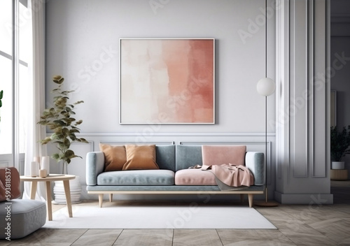 Mockup poster frame on the wall of living room. Scandinavian style. Modern interior design. 3D render, 3D illustration.