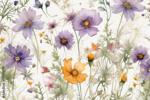 Cosmos, coreopsis, bells, lavender, and green leaves on branches make up this floral seamless design. Watercolor textile or wallpaper design with an emphasis on detail, generative AI