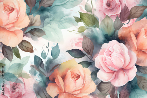 Watercolor roses on a soft pastel backdrop form a seamless pattern  generative AI