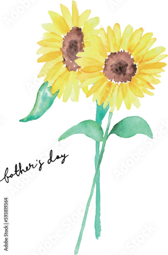 水彩画。水彩タッチの黄色いヒマワリベクターイラスト。父の日のヒマワリイラスト。Watercolor painting. Yellow sunflower vector illustration with watercolor touch. Father's day sunflower illustration.