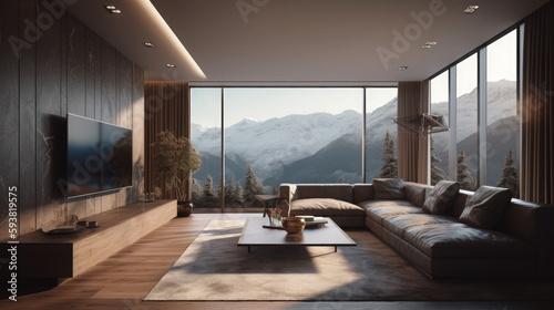 Modern luxury spacious penthouse living room interior design with comfortable sofa, coffee table, TV cabinet, TV on the wall and large glass window with mountain view 