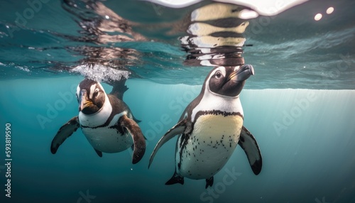 a couple of penguins swimming in water. African penguin. Spheniscus demersus. Cape penguin or South African penguin. Background, copy space. Generative AI