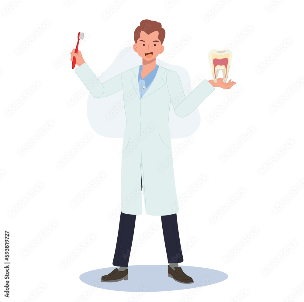 Dental medical concept. male Dentist with toothbrush is presenting or showing how to clean teeth. Flat cartoon Vector illustration Dental medical concept. male Dentist with toothbrush is presenting or showing how to clean teeth. Flat cartoon Vector illustration