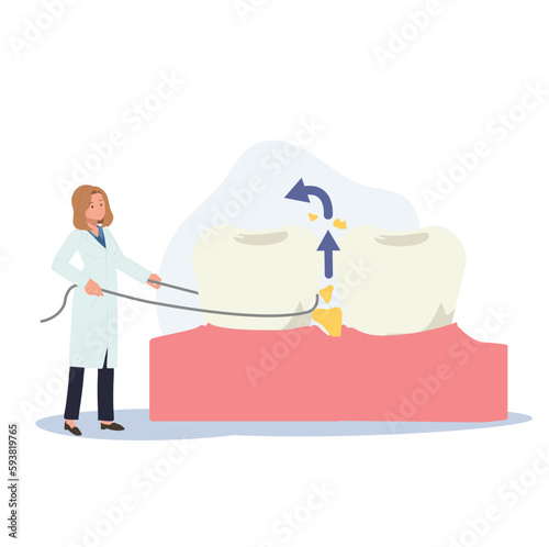 Dental medical concept. female Dentist showing How to use dental floss. Flat cartoon Vector illustration