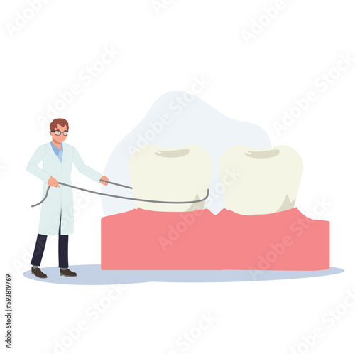 Dental medical concept. male Dentist showing How to use dental floss. Flat cartoon Vector illustration