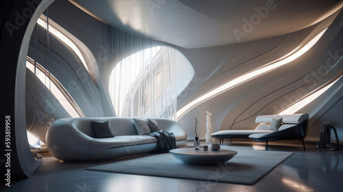 Modern futuristic white living room with big windows, minimalistic white furniture. Living room somewhere in the future. Generative AI