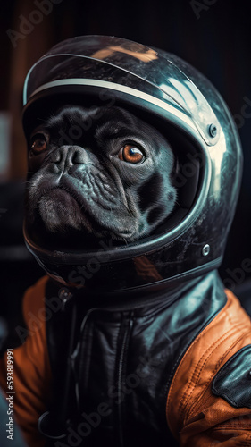 Black french bulldog wearing racing helmet and leather jacket. Dog in motorcycle helmet. Generative AI photo