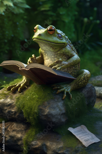 A frog reading a book in a magical scene. A frog sitting on a rock reading a book of fairy tales. Generative AI photo