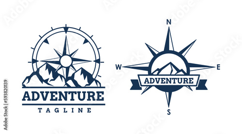 Mountain compass logo design template. Compass silhouette logo clipart. Adventure logo