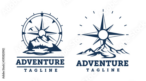 Mountain compass logo design template. Compass silhouette logo clipart. Adventure logo