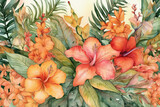 Seamless tropical floral design with hand-painted watercolor plants from the wild. Typical stock art, generative AI