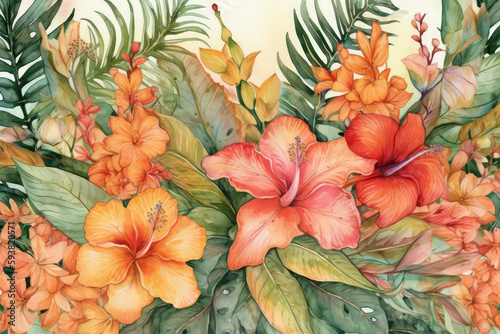 Seamless tropical floral design with hand-painted watercolor plants from the wild. Typical stock art  generative AI
