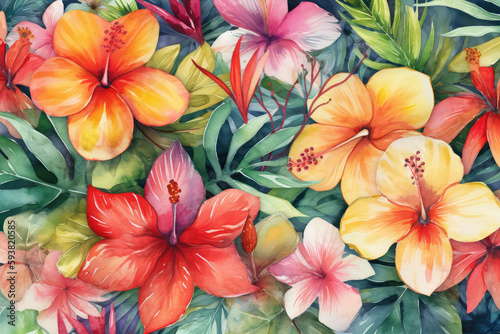 Seamless tropical floral design with hand-painted watercolor plants from the wild. Typical stock art, generative AI © Kien