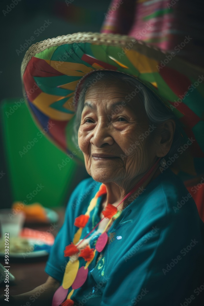 Happy Asian Elderly Woman joyfully immersing in Mexican culture during Cinco de Mayo celebrations with pinata smashing, traditional folk dancing, face painting (Generative AI