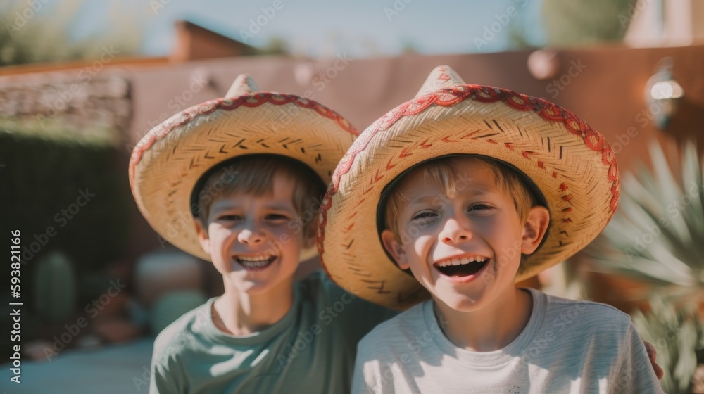Happy Caucasian White Kids Boys joyfully immersing in Mexican culture during Cinco de Mayo celebrations with pinata smashing, traditional folk dancing, face painting (Generative AI