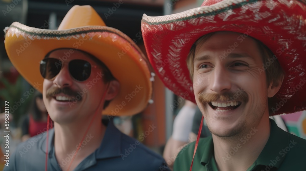 Cheerful Caucasian White Men Embracing Festive Mexican Culture on Cinco de Mayo with Exciting Activities like Pinatas, Folk Dancing, and Face Painting (Generative AI
