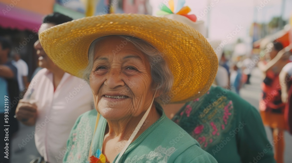 Cheerful Hispanic Elderly Women Embracing Festive Mexican Culture on Cinco de Mayo with Exciting Activities like Pinatas, Folk Dancing, and Face Painting (Generative AI