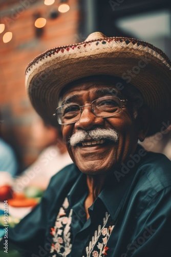 Happy African American Black Elderly Man joyfully immersing in Mexican culture during Cinco de Mayo celebrations with pinata smashing, traditional folk dancing, face painting (Generative AI